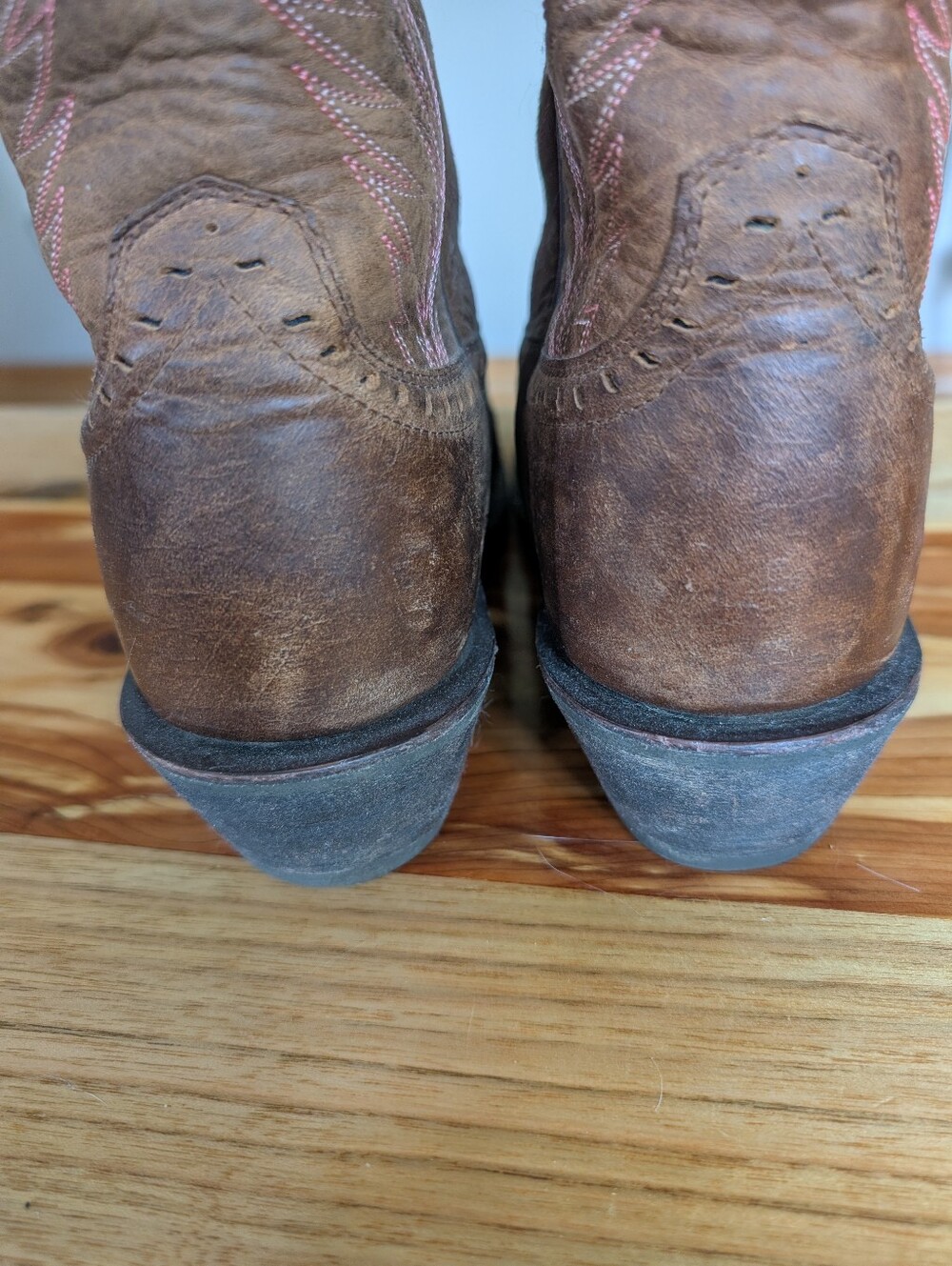 Ariat Brown Leather Western Heeled Boots with Pink Stitching - Picture 4 of 12
